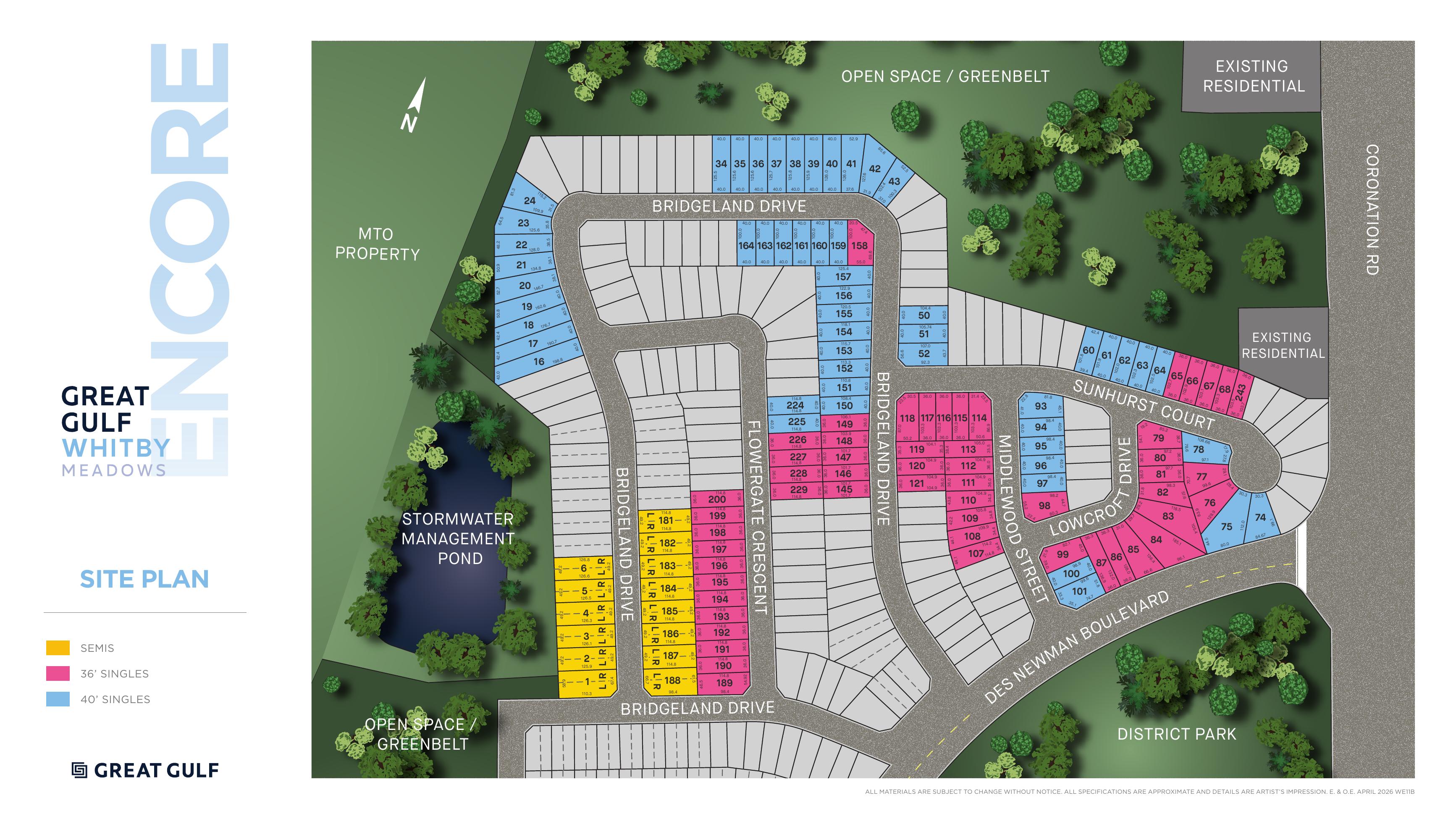 Great Gulf Whitby Meadows community site plan showing streets and lots